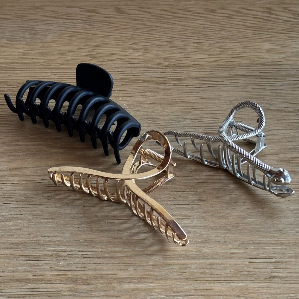 Set of 3 Stylish Black, Gold, and Silver Large Hair Claws Clips Approx 4.5”